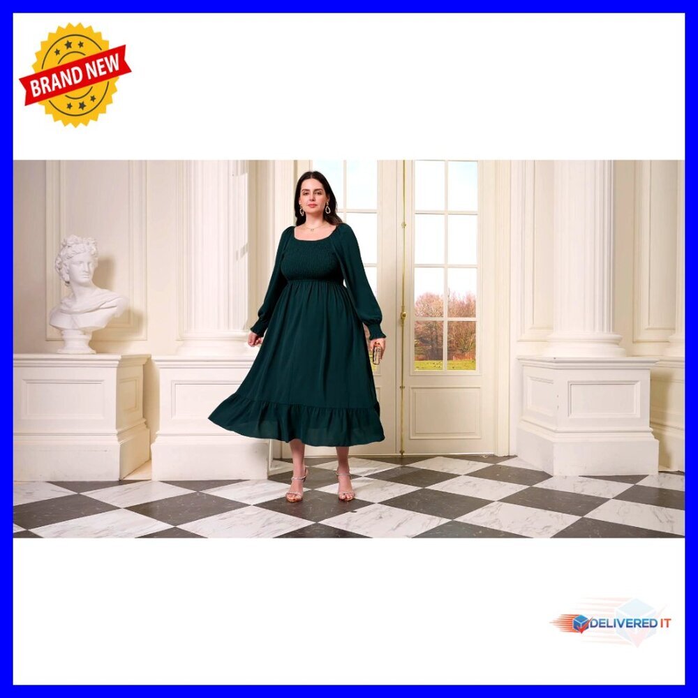 Plus Size Maxi Dress Long Sleeve Square Neck Smocked Ruffle Swing Flowy - Picture 7 of 7